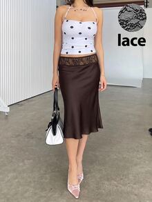 Siren Gaze Women's Solid Color Elegant Lace Patchwork Satin Skirt - Coffee Brown - View 7