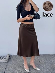 Siren Gaze Women's Solid Color Elegant Lace Patchwork Satin Skirt - Coffee Brown - View 8