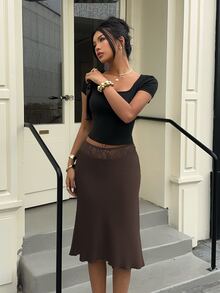 Siren Gaze Women's Solid Color Elegant Lace Patchwork Satin Skirt - Coffee Brown - View 4