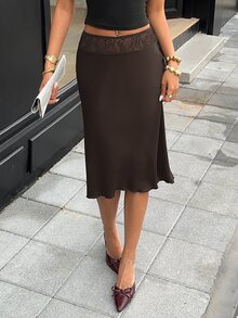 Siren Gaze Women's Solid Color Elegant Lace Patchwork Satin Skirt - Coffee Brown - View 1