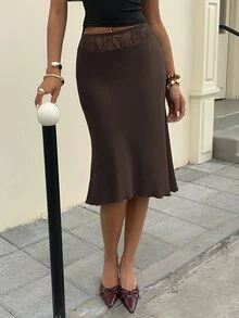 Siren Gaze Women's Solid Color Elegant Lace Patchwork Satin Skirt - Coffee Brown - View 3