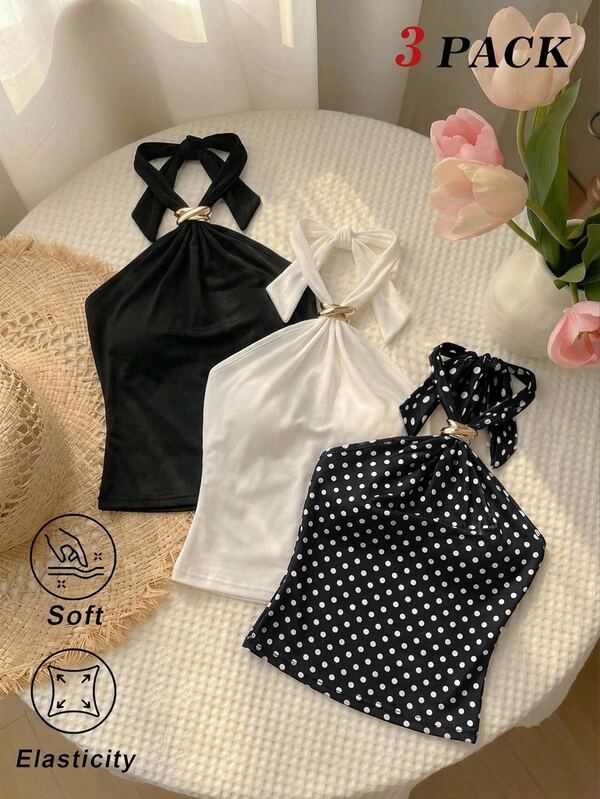 SHEIN MOD 3pcs Women's Metal Decor Fashion Halter Tank Tops