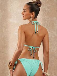 Lumalex 2pcs Solid Color Fabric Halter Neck Back Tie Triangle Bikini Top With Leopard Print Ring Decor And Side Tie Bikini Bottom, Fashion Sexy Beach Water Sports Two-Piece Swimsuit Set - Mint Green - View 7