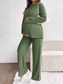 SHEIN 孕婦純色長袖上衣與可調腰長褲休閒日常兩件套 秋季 - 墨綠色 - 查看 1