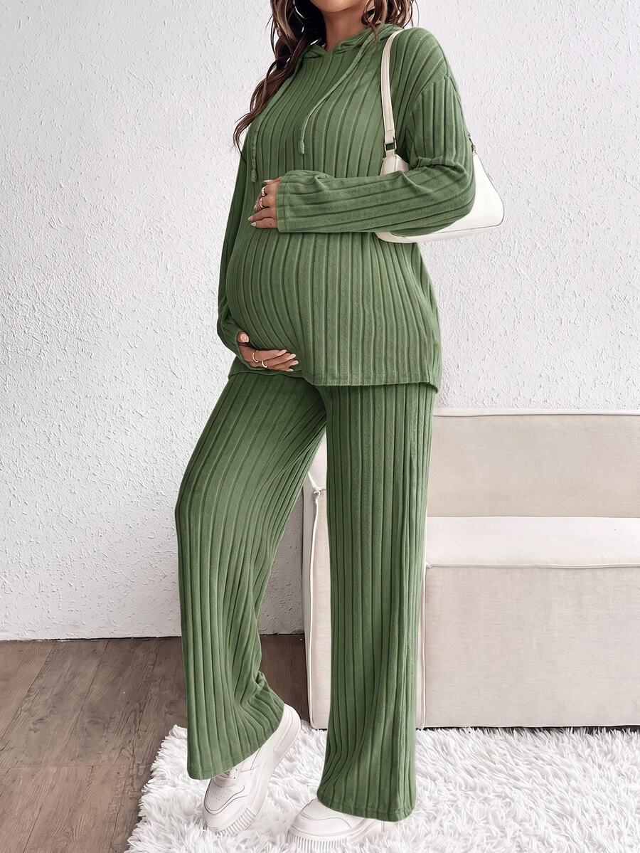 SHEIN 孕婦純色長袖上衣與可調腰長褲休閒日常兩件套 秋季 - 墨綠色 - 查看 1