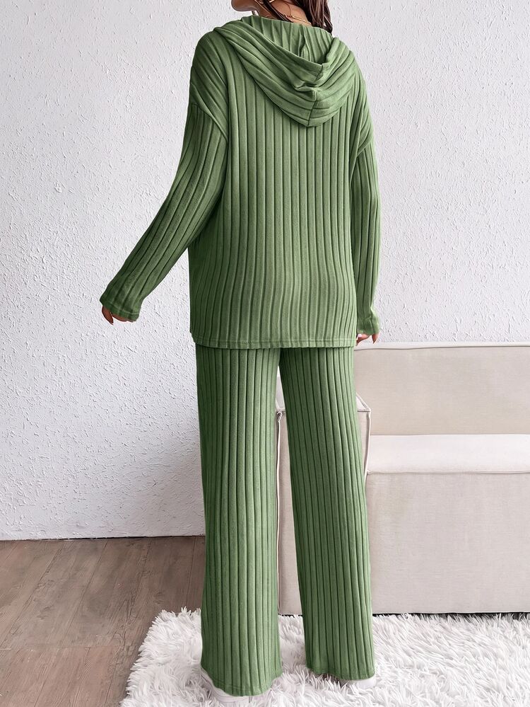 SHEIN طقم كاجوال يومي من قطعتين للحوامل: ملابس علوية بأكمام طويلة بلون موحد وبنطلون طويل بخصر قابل للتعديل - أخضر داكن - مشاهدة 2