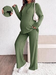 SHEIN 孕婦純色長袖上衣與可調腰長褲休閒日常兩件套 秋季 - 墨綠色 - 查看 5