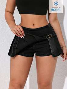 SHEIN ICON Women's Denim Skorts With Eyelet Buckle Design And Pleated Details - Black - View 6