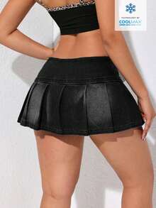 SHEIN ICON Women's Denim Skorts With Eyelet Buckle Design And Pleated Details - Black - View 2