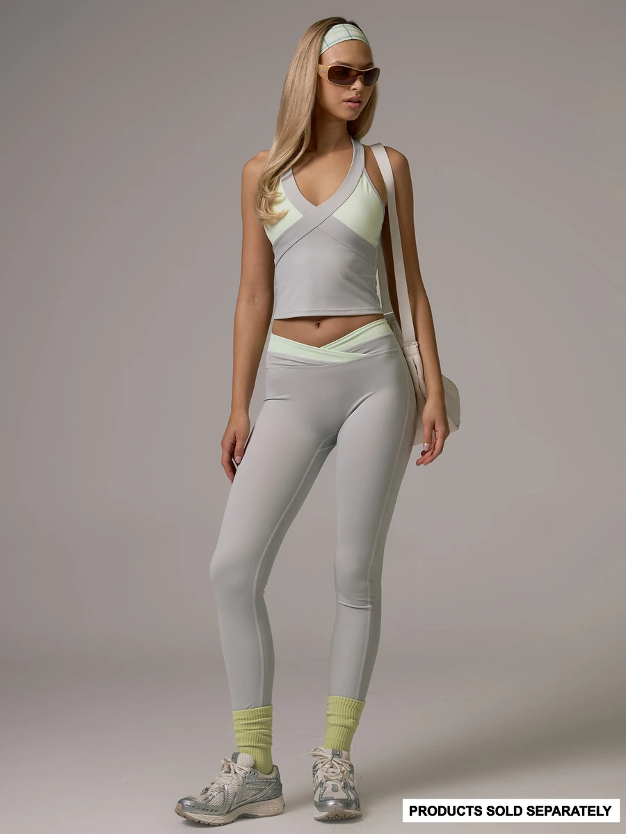 Musera Sport Contrast Colour Dipped V Front Fitted Active Coord Leggings Gym Pilates Daily Running - Light Grey - View 1