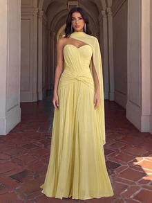 Aloruh 優雅黃色彈性針織網格抹胸晚禮服，可拆卸掛脖式正式洋裝，適合婚禮與派對，秋季款 - 黃色 - 查看 6