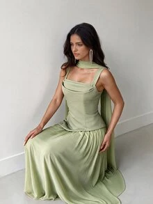 Aloruh Elegant And Luxurious Green Elastic Satin & Chiffon Patchwork Asymmetrical Design Ruched A-Line Hem Dress (Detachable Neck Scarf) Fall - Grass Green - View 6