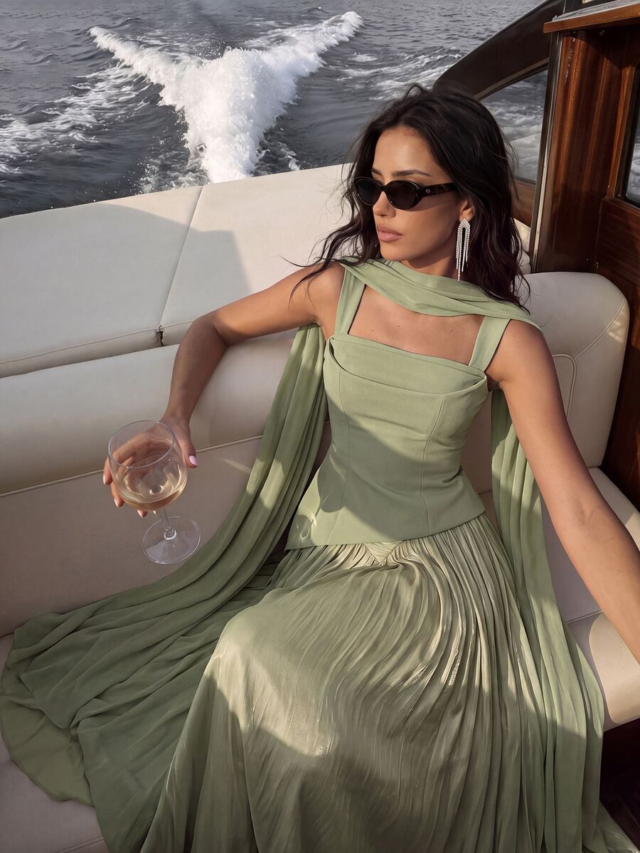 Aloruh Elegant And Luxurious Green Elastic Satin & Chiffon Patchwork Asymmetrical Design Ruched A-Line Hem Dress (Detachable Neck Scarf) Fall