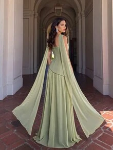 Aloruh Elegant And Luxurious Green Elastic Satin & Chiffon Patchwork Asymmetrical Design Ruched A-Line Hem Dress (Detachable Neck Scarf) Fall - Grass Green - View 4