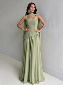 Aloruh Elegant And Luxurious Green Elastic Satin & Chiffon Patchwork Asymmetrical Design Ruched A-Line Hem Dress (Detachable Neck Scarf) Fall - Grass Green - View 5