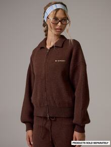 Musera Sport Knitted Zip Through Collared Ribbed Waist Active Coord Sweater Top Gym Pilates Daily Running - Coffee Brown - View 2