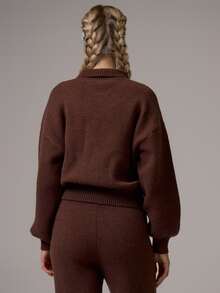 Musera Sport Knitted Zip Through Collared Ribbed Waist Active Coord Sweater Top Gym Pilates Daily Running - Coffee Brown - View 5