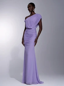Elitara Elegant Royal Blue Elastic Mesh Strapless Dress With Pleated Decor Padded Bust Mermaid Tail Hem Party Evening Wedding Guest Fall - Mauve Purple - View 4