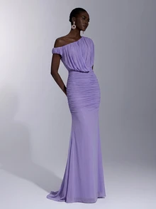 Elitara Elegant Royal Blue Elastic Mesh Strapless Dress With Pleated Decor Padded Bust Mermaid Tail Hem Party Evening Wedding Guest Fall - Mauve Purple - View 5