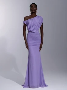 Elitara Elegant Royal Blue Elastic Mesh Strapless Dress With Pleated Decor Padded Bust Mermaid Tail Hem Party Evening Wedding Guest Fall - Mauve Purple - View 1