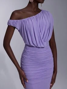 Elitara Elegant Royal Blue Elastic Mesh Strapless Dress With Pleated Decor Padded Bust Mermaid Tail Hem Party Evening Wedding Guest Fall - Mauve Purple - View 3