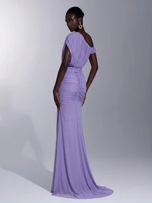 Elitara Elegant Royal Blue Elastic Mesh Strapless Dress With Pleated Decor Padded Bust Mermaid Tail Hem Party Evening Wedding Guest Fall - Mauve Purple - View 2