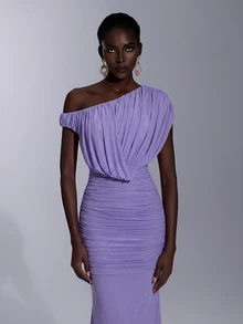 Elitara Elegant Royal Blue Elastic Mesh Strapless Dress With Pleated Decor Padded Bust Mermaid Tail Hem Party Evening Wedding Guest Fall - Mauve Purple - View 7