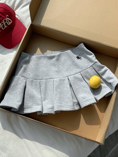 Comfortcana Grey Casual Women's Equestrian Embroidered Pleated Skort