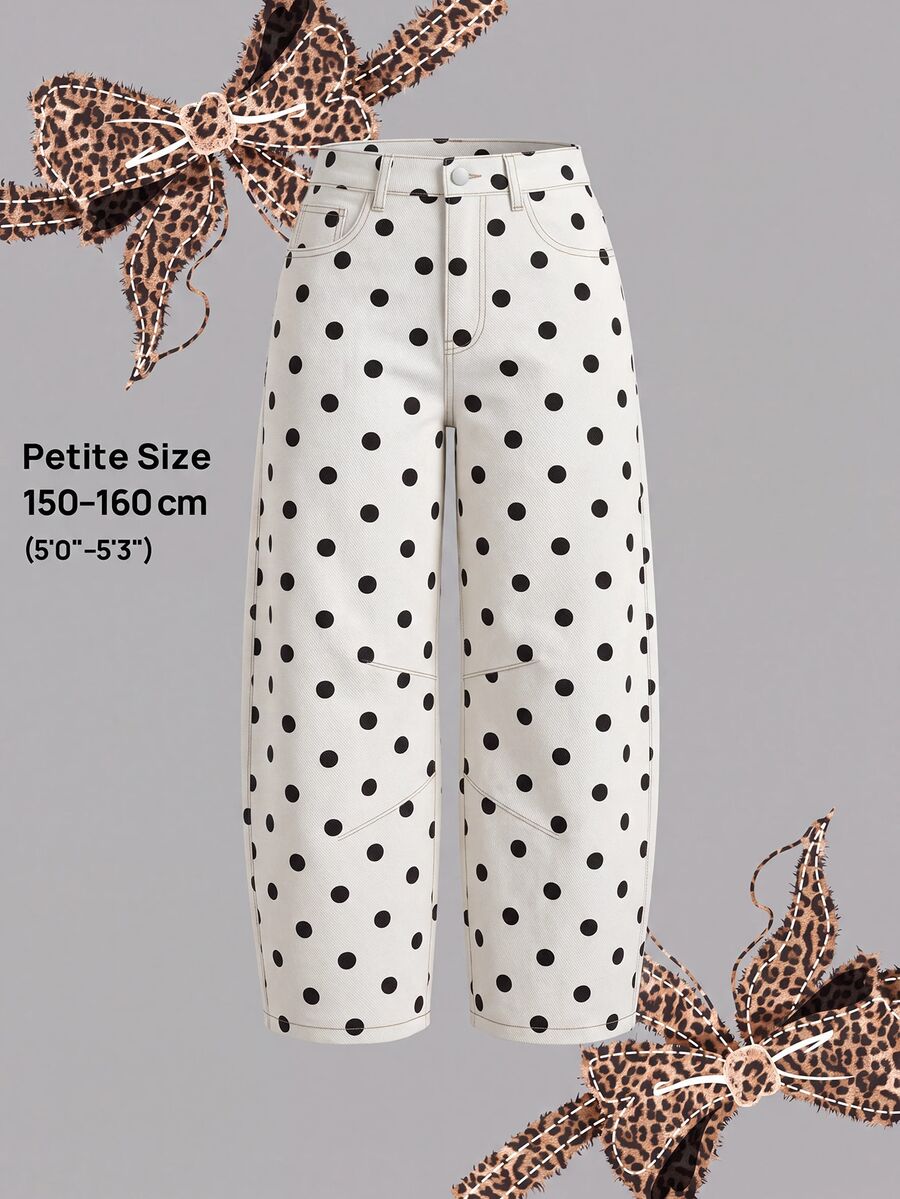 SHEIN PETITE 女款波點圖案口袋錐腳休閒牛仔褲 秋季