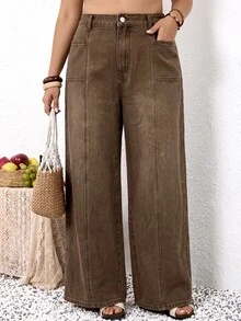 EMERY ROSE EMERY ROSE Jeans de talla grande versátiles con botones y bolsillos, corte holgado - Marrón - Ver 4