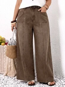 EMERY ROSE EMERY ROSE Jeans de talla grande versátiles con botones y bolsillos, corte holgado - Marrón - Ver 1