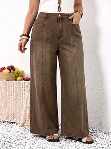 EMERY ROSE EMERY ROSE Jeans de talla grande versátiles con botones y bolsillos, corte holgado - Marrón - Ver 8