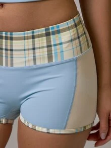 Musera Sport Checkered Contrast Colour Side Striped Detail Fitted Active Coord Mini Shorts Gym Pilates Daily Running - Multicolor - View 6
