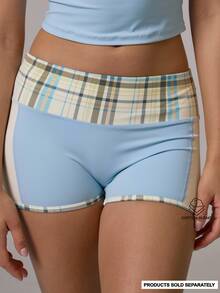 Musera Sport Checkered Contrast Colour Side Striped Detail Fitted Active Coord Mini Shorts Gym Pilates Daily Running - Multicolor - View 2