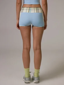 Musera Sport Checkered Contrast Colour Side Striped Detail Fitted Active Coord Mini Shorts Gym Pilates Daily Running - Multicolor - View 5