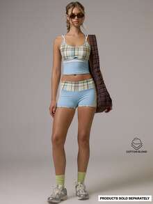 Musera Sport Checkered Contrast Colour Side Striped Detail Fitted Active Coord Mini Shorts Gym Pilates Daily Running - Multicolor - View 1