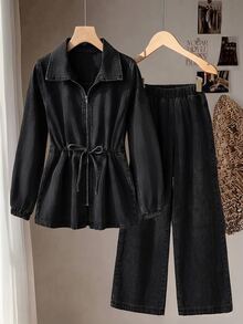 GlowEve Setelan Jaket dan Celana Denim Wanita dengan Tali Serut di Pinggang, Warna Abu-abu, Musim Gugur, Pakaian Kasual, Cocok untuk Liburan Siang Hari - Dark Grey - View 2
