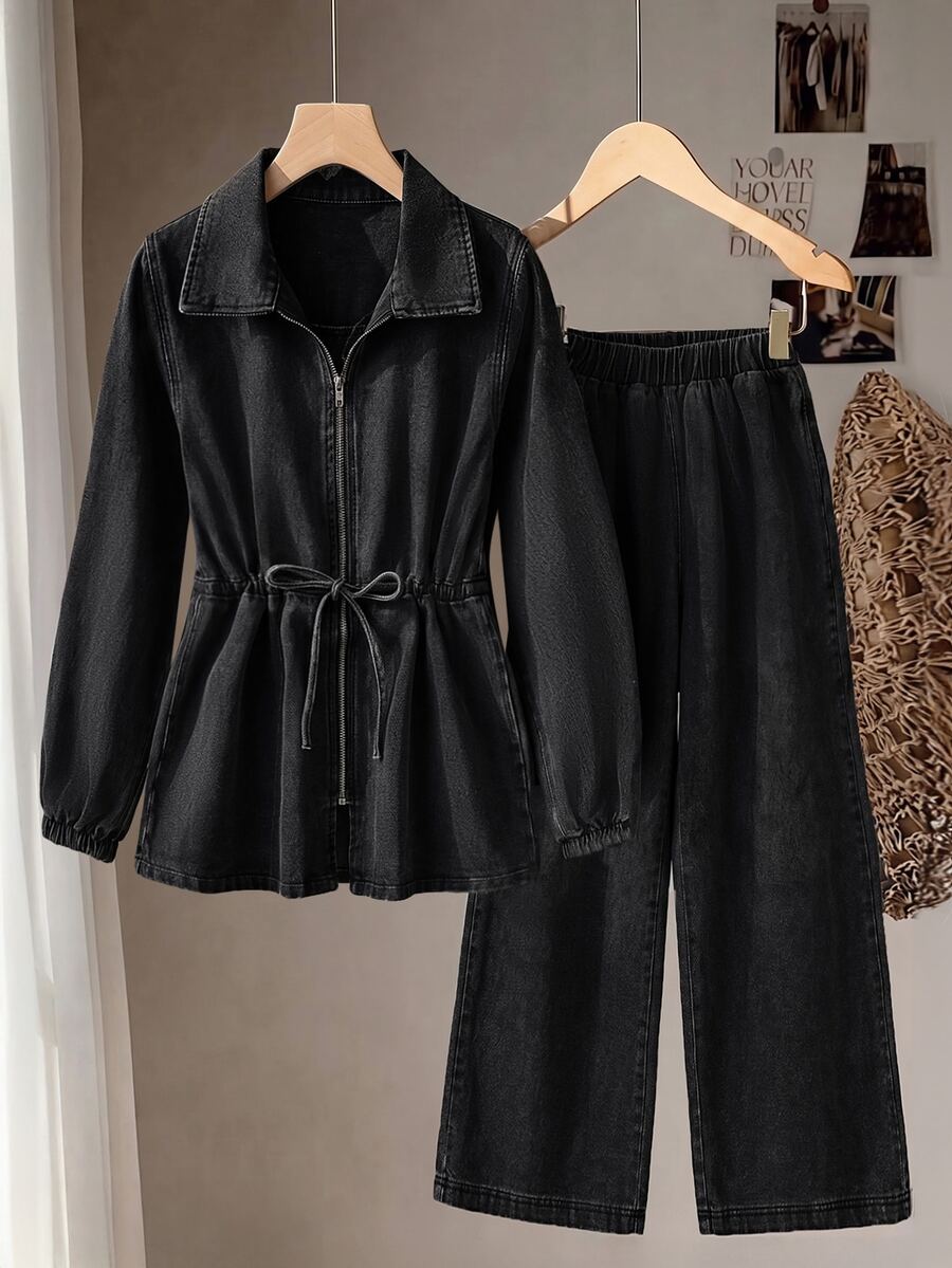 GlowEve Setelan Jaket dan Celana Denim Wanita dengan Tali Serut di Pinggang, Warna Abu-abu, Musim Gugur, Pakaian Kasual, Cocok untuk Liburan Siang Hari
