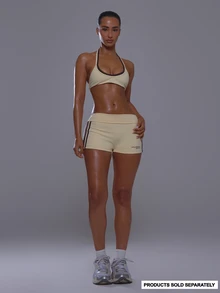 Musera Sport Fold Over Waist Stripe Detail Low Rise Soft Touch Fitted Mini Shorts Coord Bottoms Only Sport Workout Gym Cute Pilates Fitness Daily - Butter Yellow - View 2