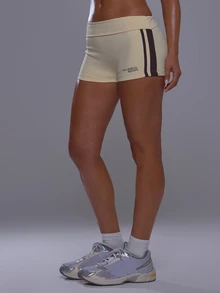 Musera Sport Fold Over Waist Stripe Detail Low Rise Soft Touch Fitted Mini Shorts Coord Bottoms Only Sport Workout Gym Cute Pilates Fitness Daily - Butter Yellow - View 4