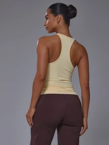 Musera Sport 對比色前片挖勺領賽車背貼身運動背心上衣 僅上衣 運動健身房可愛皮拉提斯健身日常奶油黃 - 淡黃色 - 查看 4