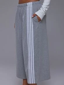 Musera Sport 四条纹弹力腰阔腿运动慢跑七分裤运动裤套装下装（仅限运动健身健身房可爱普拉提日常款） - 灰色 - 查看 4