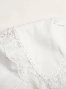 SHEIN Tween女孩大校風返校季蕾絲飾邊拼接大領長袖白色襯衫，秋季休閒可愛風 - 白色 - 查看 7