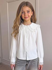 SHEIN Tween女孩大校風返校季蕾絲飾邊拼接大領長袖白色襯衫，秋季休閒可愛風 - 白色 - 查看 13
