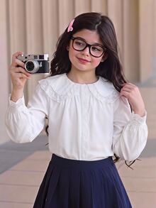 SHEIN Tween女孩大校風返校季蕾絲飾邊拼接大領長袖白色襯衫，秋季休閒可愛風 - 白色 - 查看 15