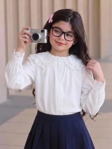 SHEIN Tween女孩大校風返校季蕾絲飾邊拼接大領長袖白色襯衫，秋季休閒可愛風 - 白色 - 查看 12