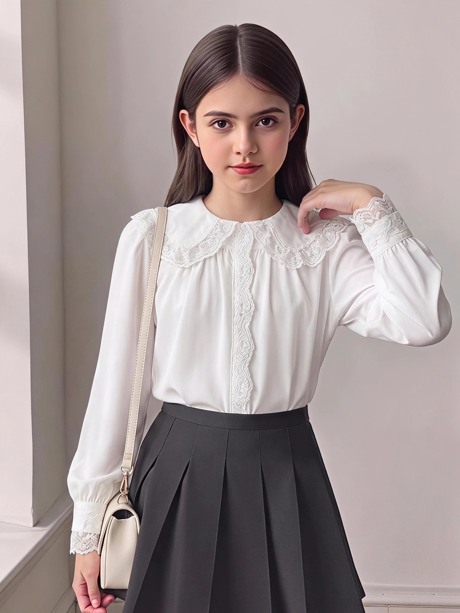 SHEIN Tween女孩大校風返校季蕾絲飾邊拼接大領長袖白色襯衫,秋季休閒可愛風 - 白色 - 查看 1