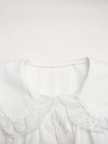 SHEIN Tween女孩大校風返校季蕾絲飾邊拼接大領長袖白色襯衫，秋季休閒可愛風 - 白色 - 查看 5