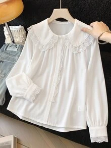SHEIN Tween女孩大校風返校季蕾絲飾邊拼接大領長袖白色襯衫，秋季休閒可愛風 - 白色 - 查看 11