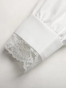 SHEIN Tween女孩大校風返校季蕾絲飾邊拼接大領長袖白色襯衫，秋季休閒可愛風 - 白色 - 查看 8